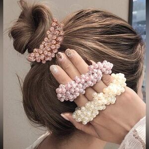 Others Follow Pink and Cream Beaded Hair Scrunchies Set
